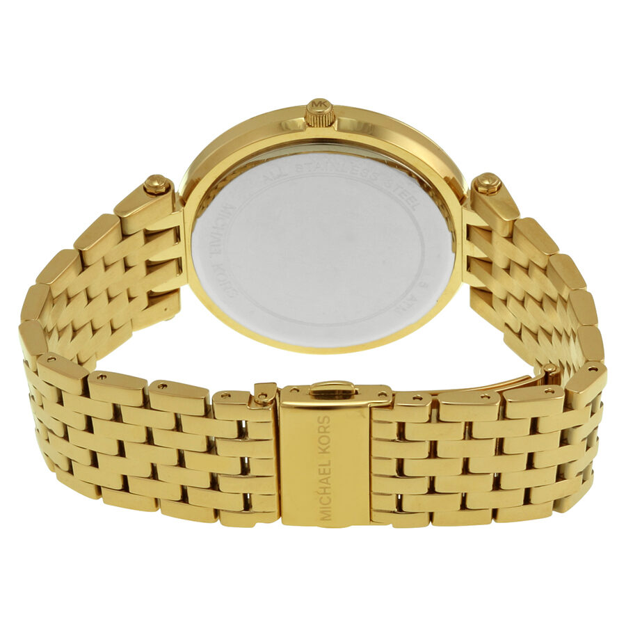 Michael Kors Darci watch case back showing gold-tone stainless steel bracelet