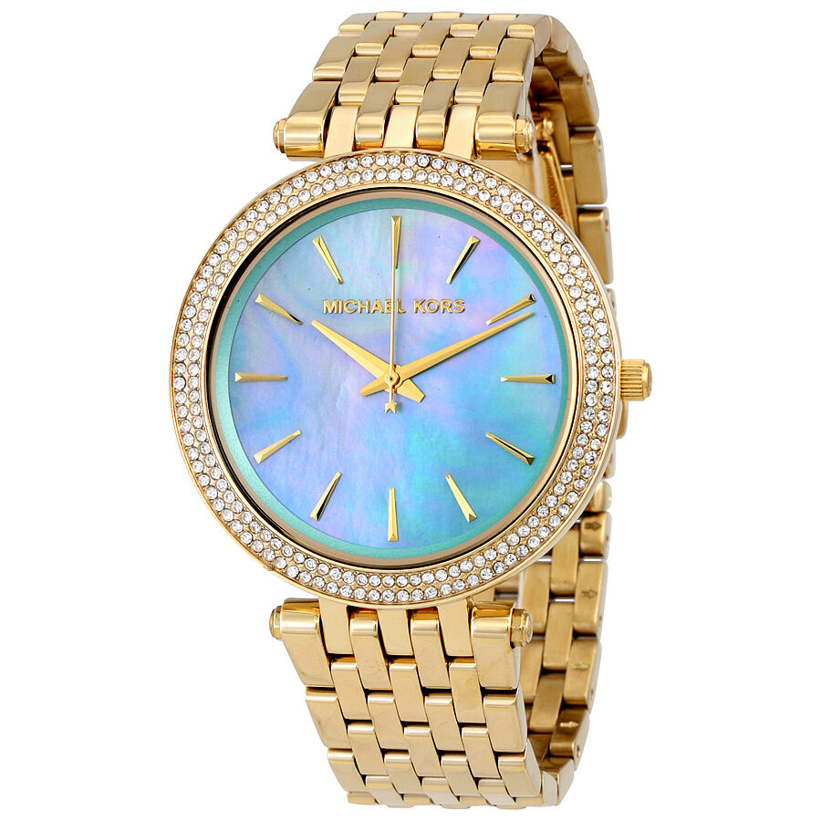 Michael Kors Darci watch with blue-green mother-of-pearl dial, crystal-set bezel, gold-tone case and bracelet