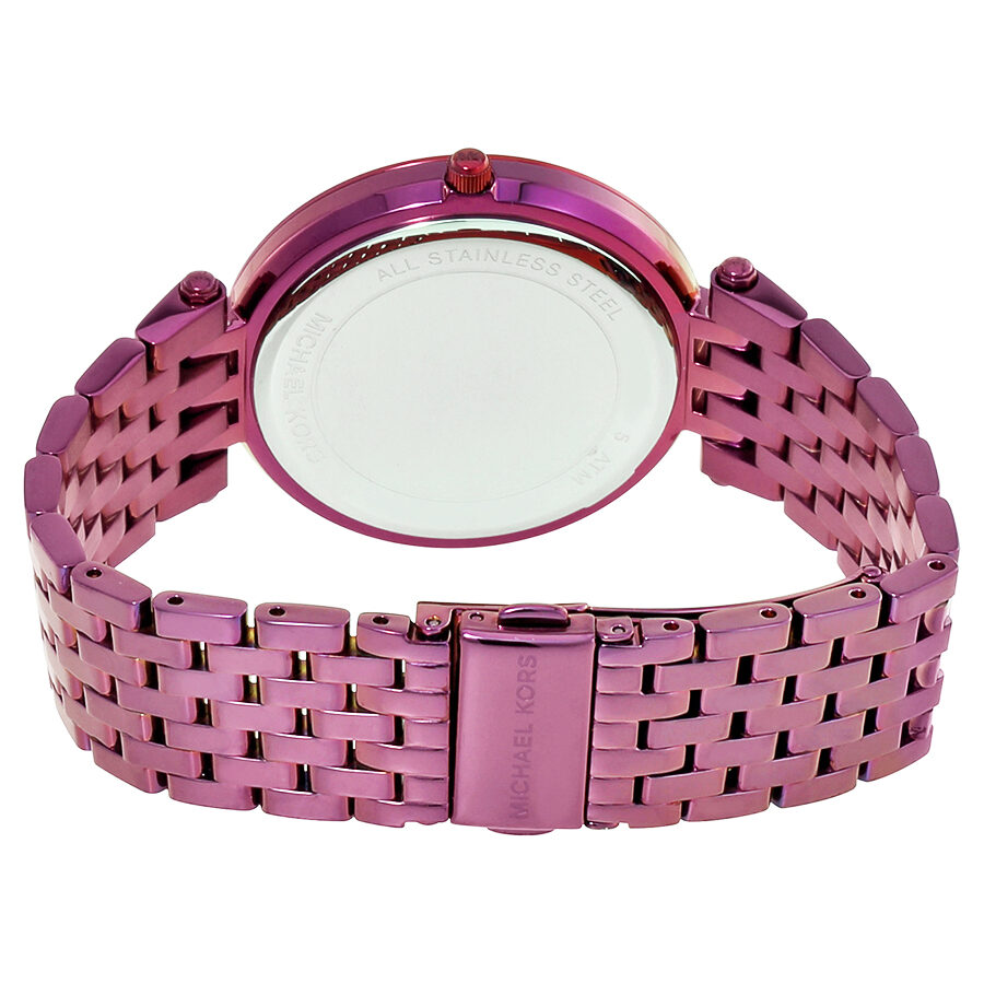 Michael Kors Darci women's watch caseback showing plum ion-plated stainless steel bracelet
