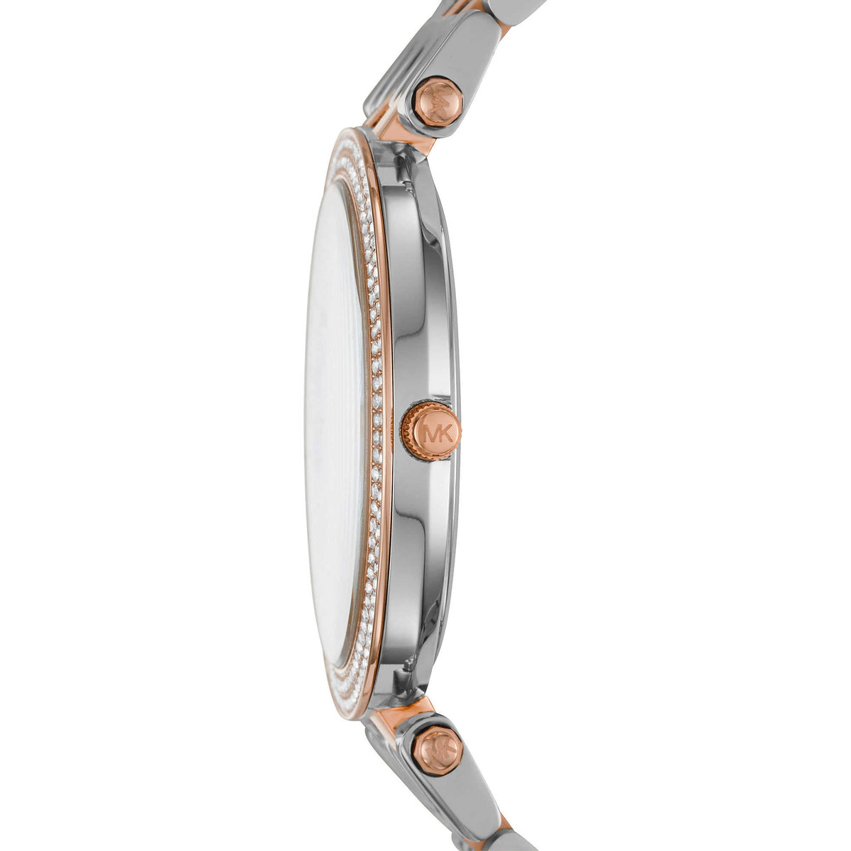 Side profile showing case depth and mixed rose gold and silver two-tone bracelet
