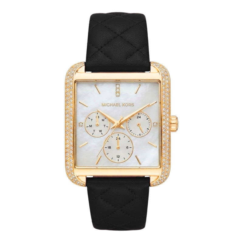 Michael Kors Drew women's watch with mother-of-pearl dial, gold-tone case, and black leather strap