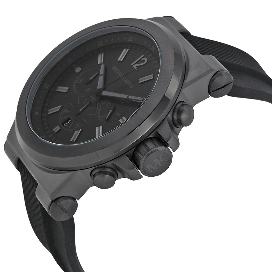 Side angle view of Michael Kors Dylan MK8152 with chronograph subdials and black strap
