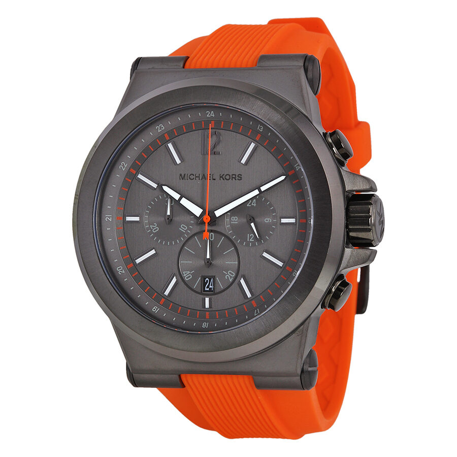 Michael Kors Dylan Chronograph Gunmetal Dial Gunmetal IP Orange Rubber Men's Watch MK8296