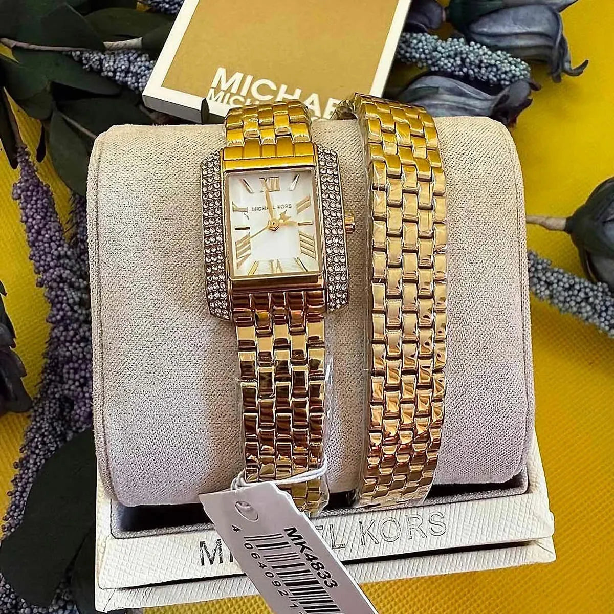 Michael Kors Emery MK4833 watch in original box with packaging and bracelets displayed
