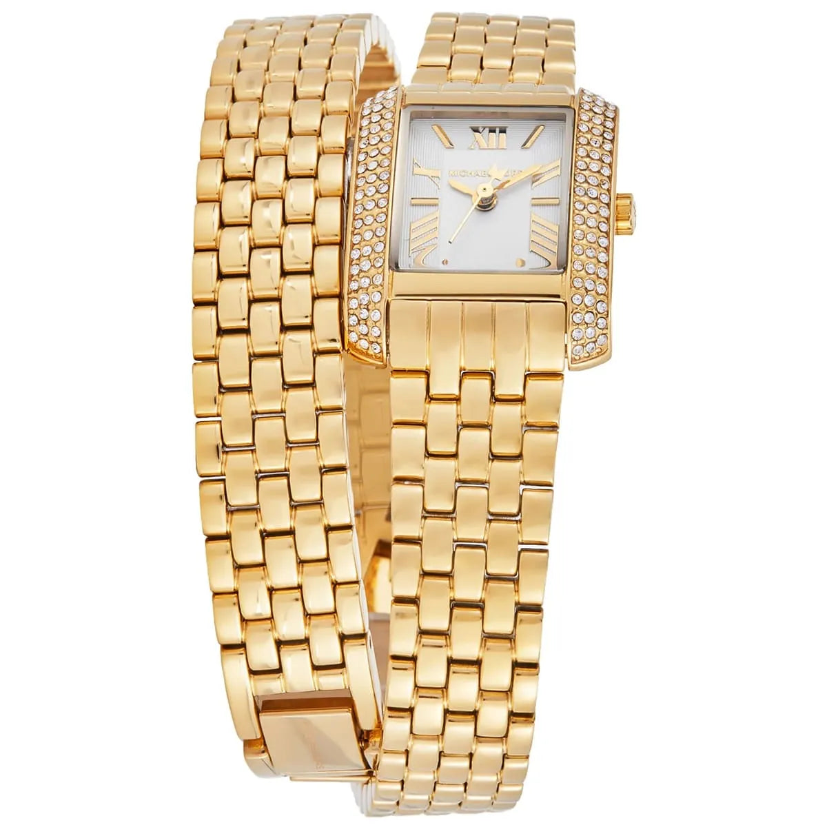 Michael Kors Emery MK4833 dial detail showing white face with Roman numeral markers