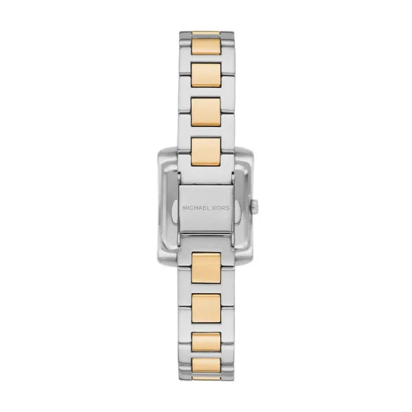 Two-tone stainless steel bracelet strap of Michael Kors Emery watch with caseback detail