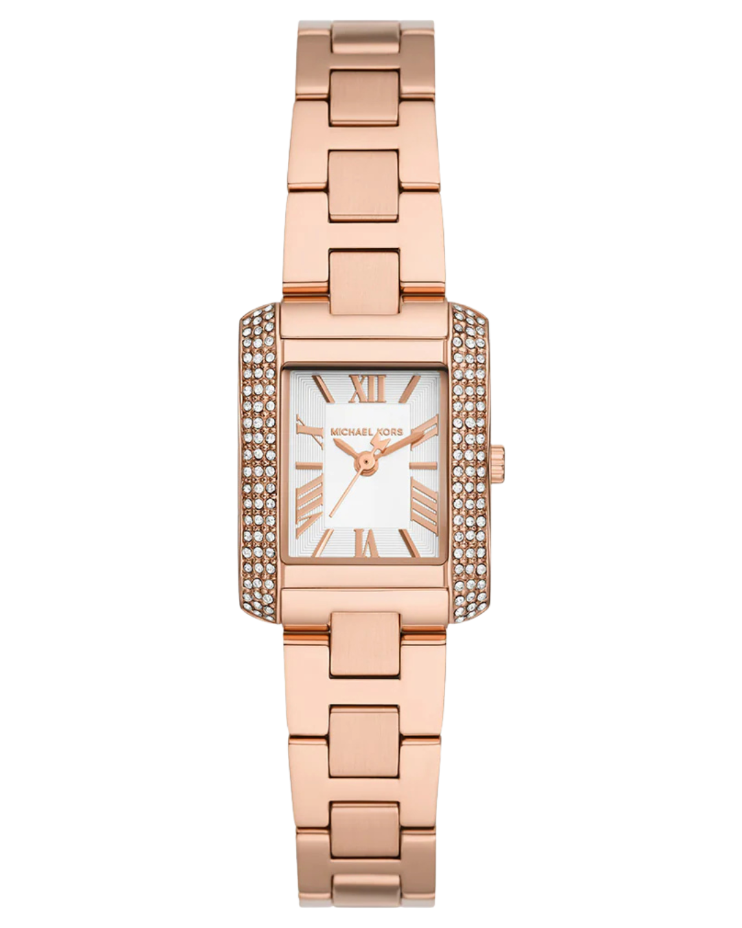 Michael Kors Emery MK7512 rose gold-tone three-hand watch with crystal-set case and white dial