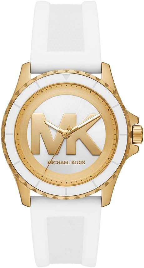 Michael Kors Oversized Everest gold-tone women's watch with white silicone strap and MK logo dial