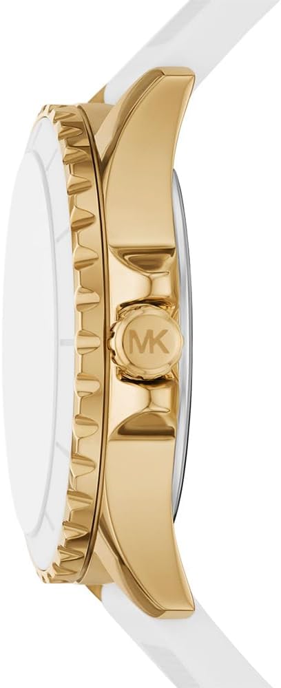 Michael Kors Everest watch side profile showing gold-tone case and white silicone strap