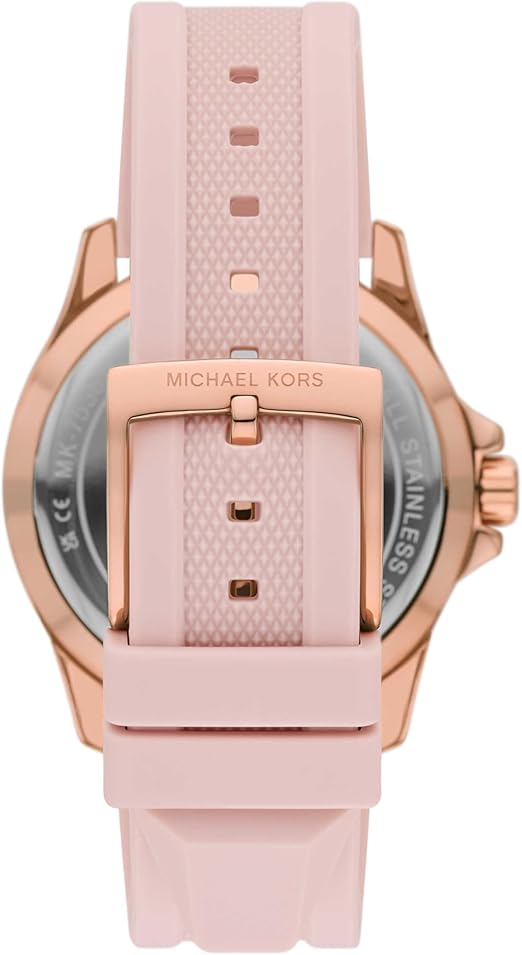 Back view of Michael Kors Everest watch showing transparent caseback and rose gold hardware