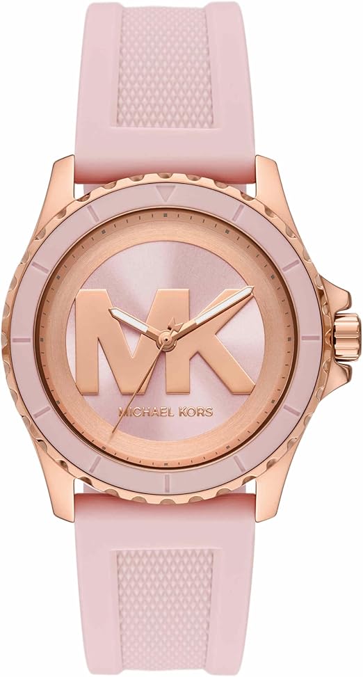 Michael Kors Everest women's quartz watch with rose gold case, two-tone pink dial, and pink silicone strap