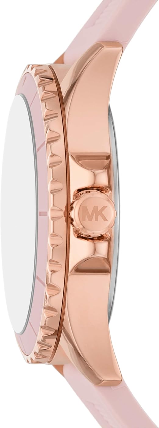 Side view of Michael Kors Everest watch showing rose gold case profile and pink silicone strap