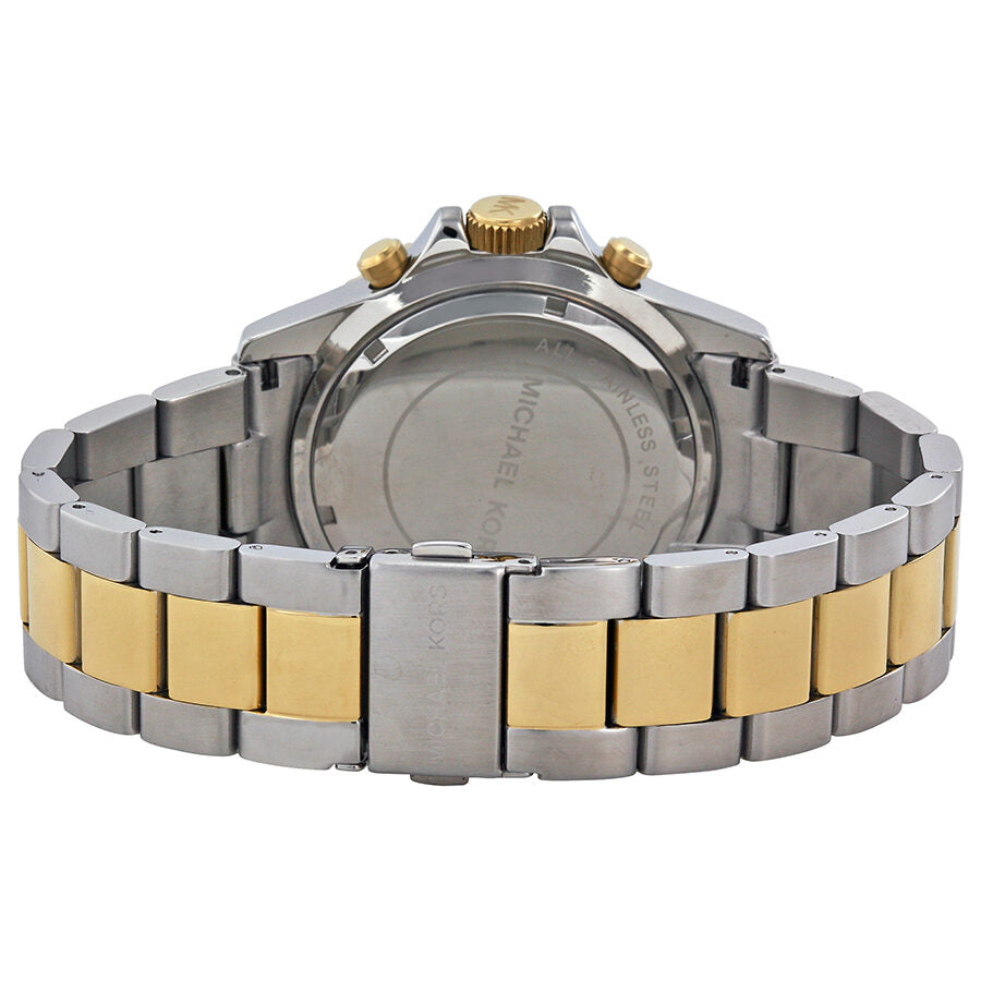 Michael Kors Everest watch caseback view displaying stainless steel two-tone bracelet construction
