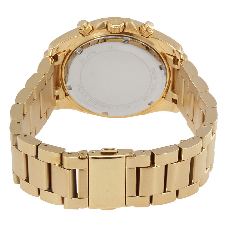 Gold watch caseback with stainless steel bracelet and deployment clasp