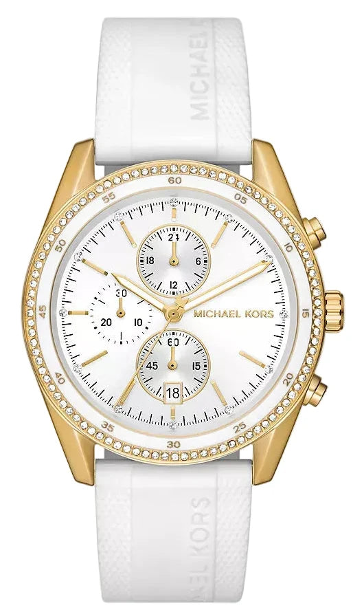 Michael Kors Hadyn MK7484 gold-tone chronograph watch with white silicone strap and pavé bezel