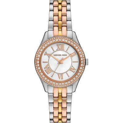 Michael Kors Harlowe MK4846 watch with crystal bezel, silver and rose gold-tone bracelet, white dial with Roman numerals