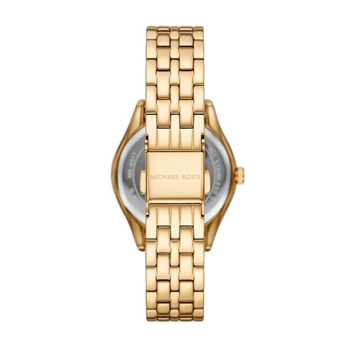 Michael Kors Harlowe watch caseback showing gold plated bracelet and transparent exhibition caseback
