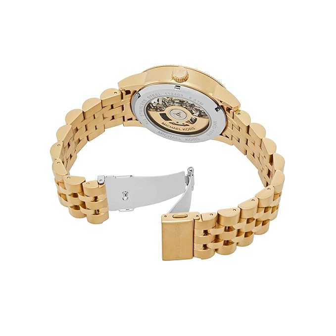 Gold automatic watch caseback showing visible movement and metal bracelet