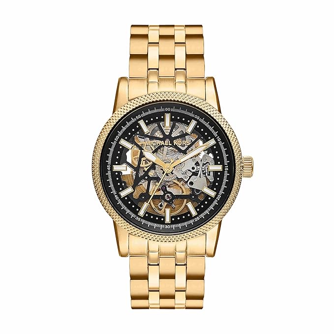 Michael Kors Hutton gold automatic watch with skeleton dial and matching bracelet