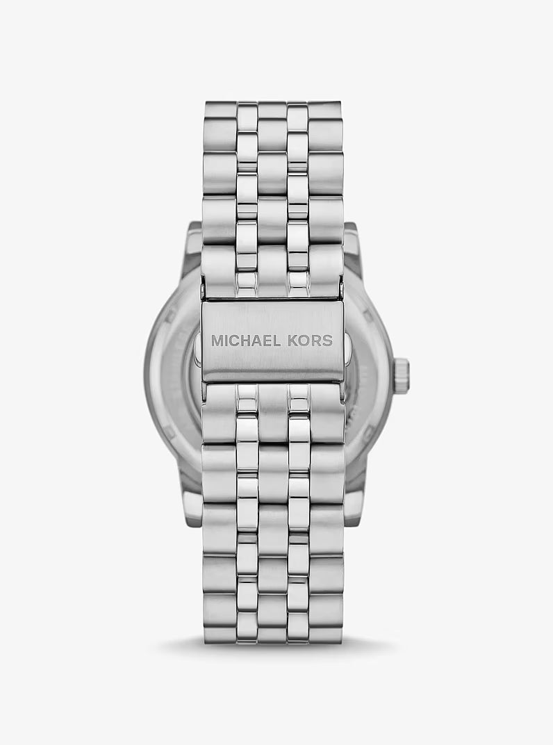 Back view of Michael Kors Hutton silver-tone watch with bracelet and caseback detail