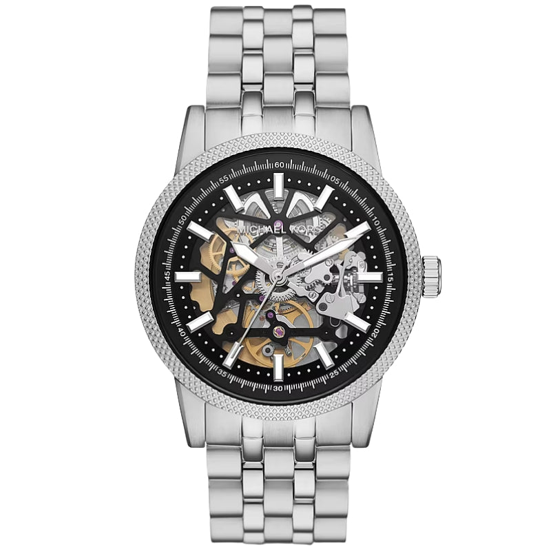 Silver-tone Michael Kors Hutton skeleton automatic watch with black dial and exposed movement