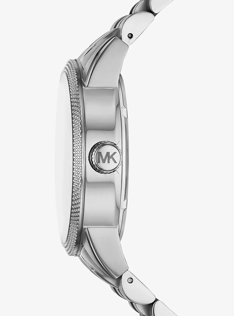 Side view of Michael Kors Hutton watch showing silver-tone case and textured bezel