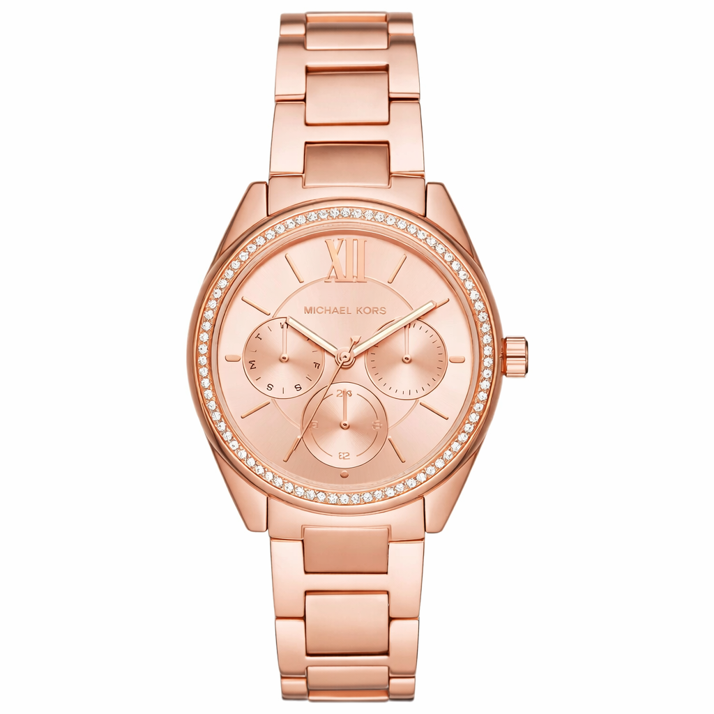 Michael Kors Janelle MK7091 rose-gold women's chronograph watch with crystal bezel and Roman numeral dial