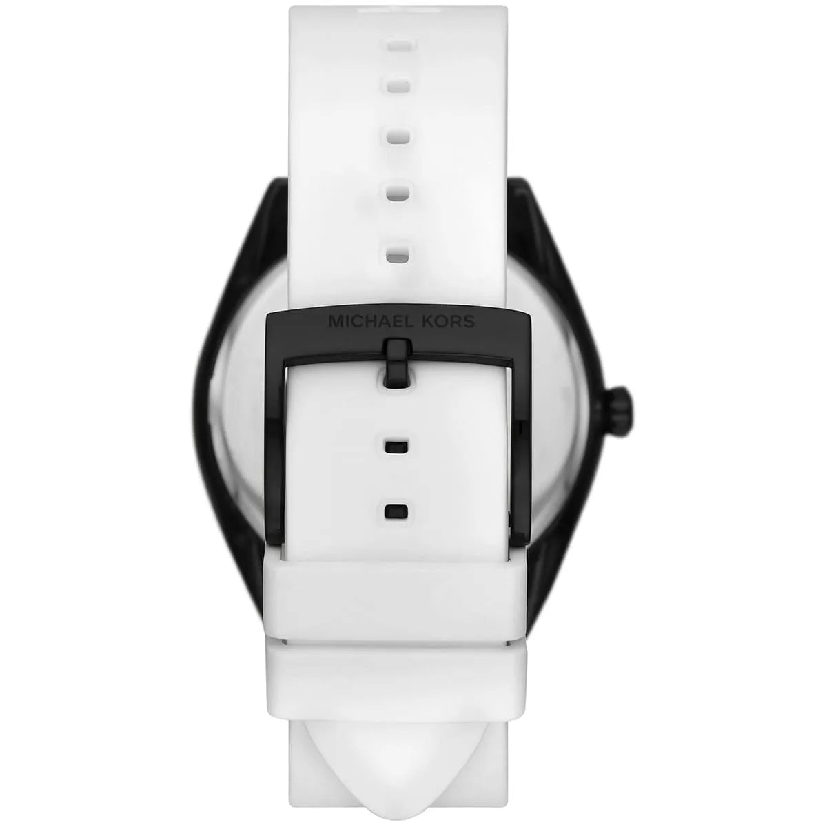 Back view of Michael Kors Janelle MK7137 watch showing white rubber strap with adjustment holes and clasp