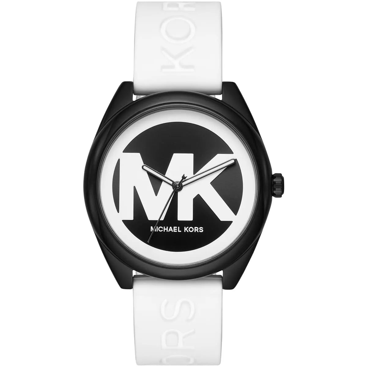 Michael Kors Janelle MK7137 watch front view showing black and white MK logo dial with white rubber strap