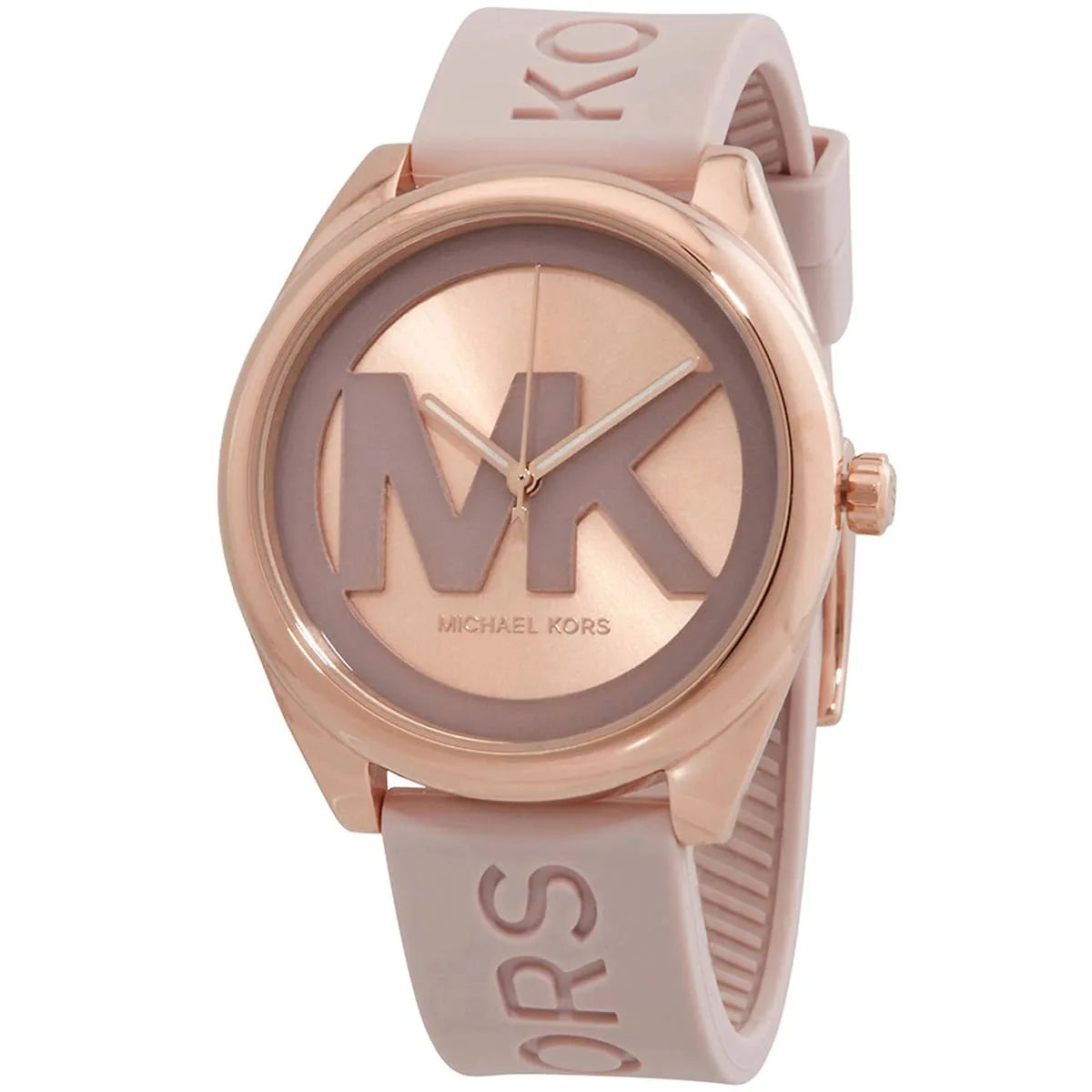 Michael Kors Janelle watch angled view showing case and pink strap