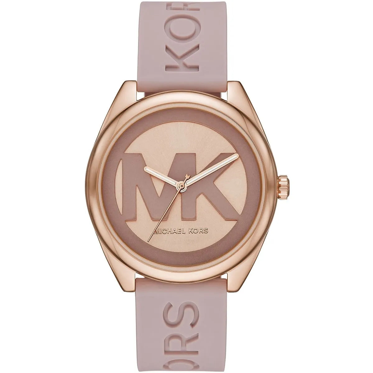 Michael Kors Janelle watch front view rose dial with MK logo