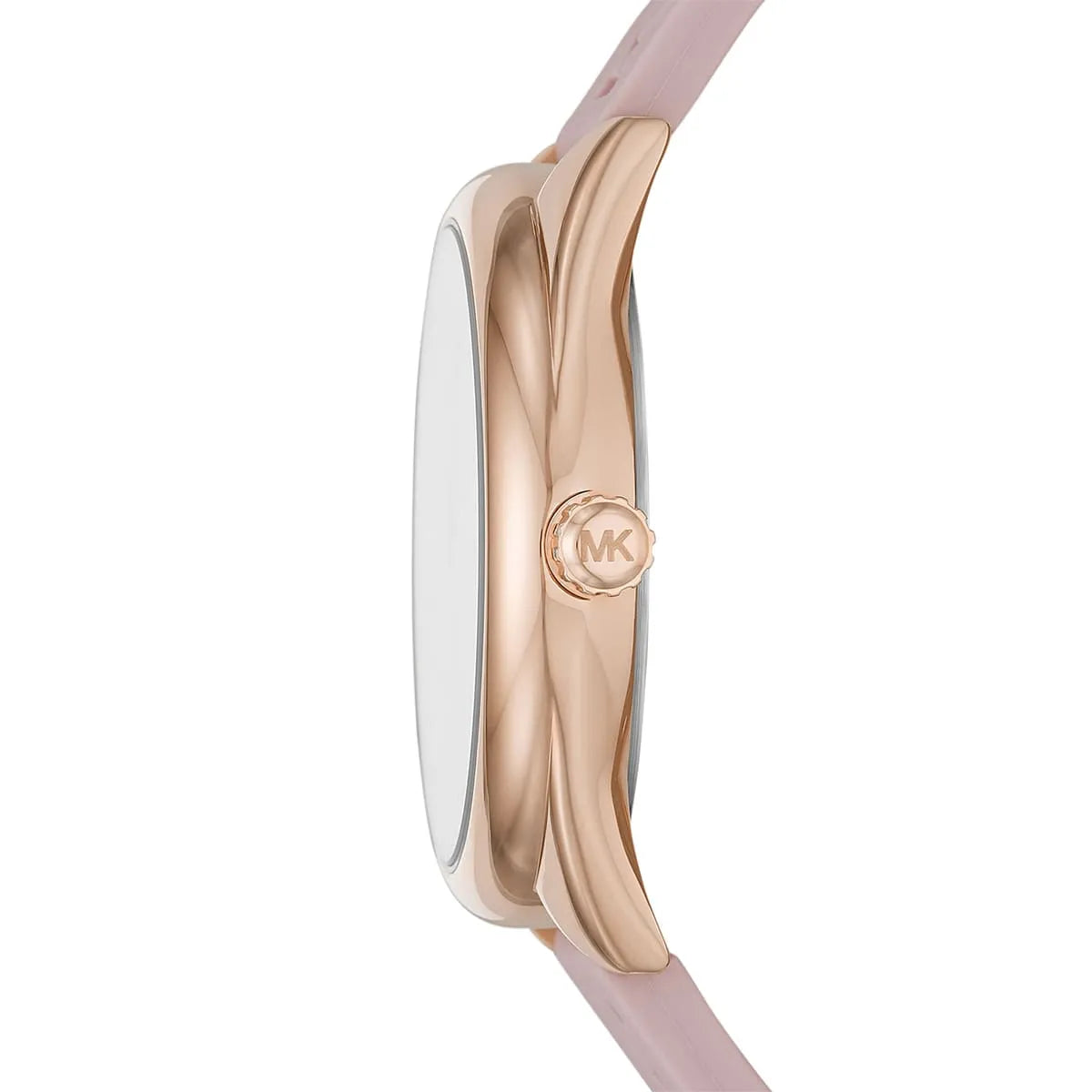 Michael Kors Janelle watch side view with pink rubber strap detail