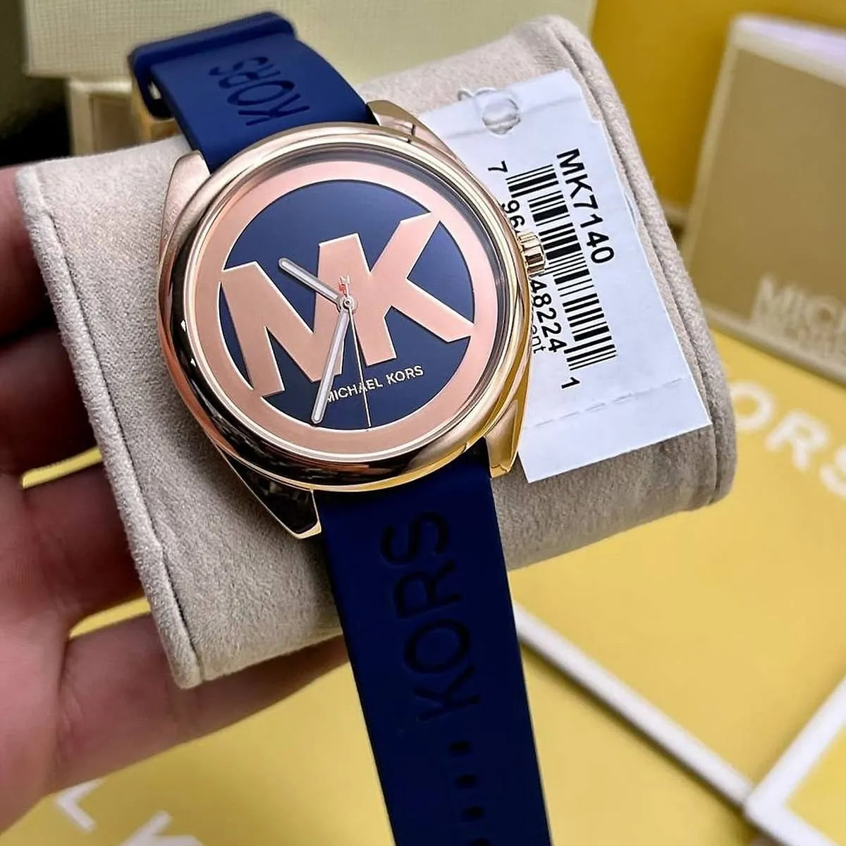 Michael Kors Janelle watch with retail box and product tag displayed