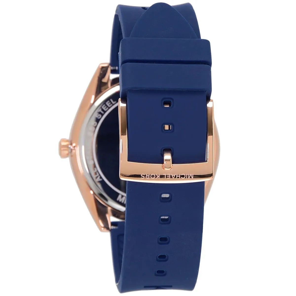 Michael Kors Janelle watch strap detail showing blue rubber material and rose gold buckle