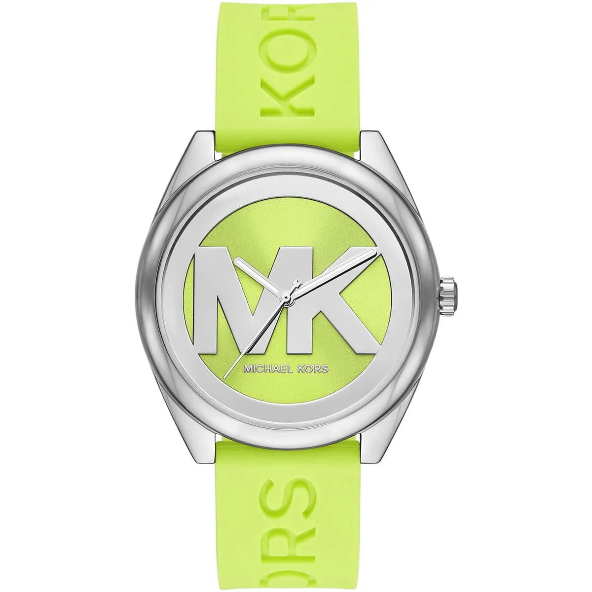 Michael Kors Janelle three-hand watch, neon green dial with silver MK logo