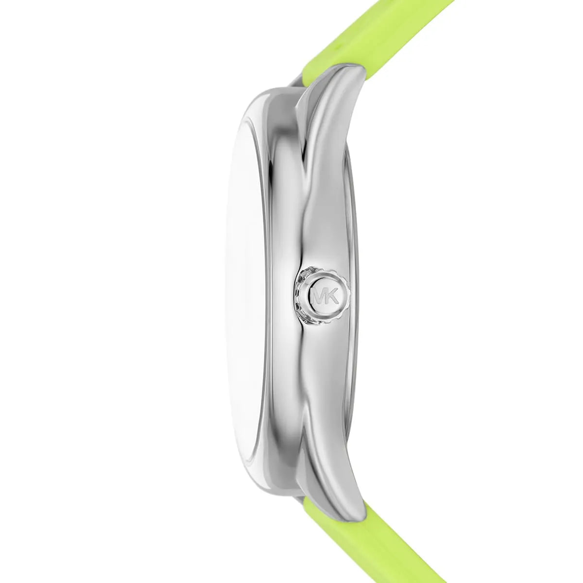Side view of Michael Kors Janelle watch with silver case and neon green rubber strap