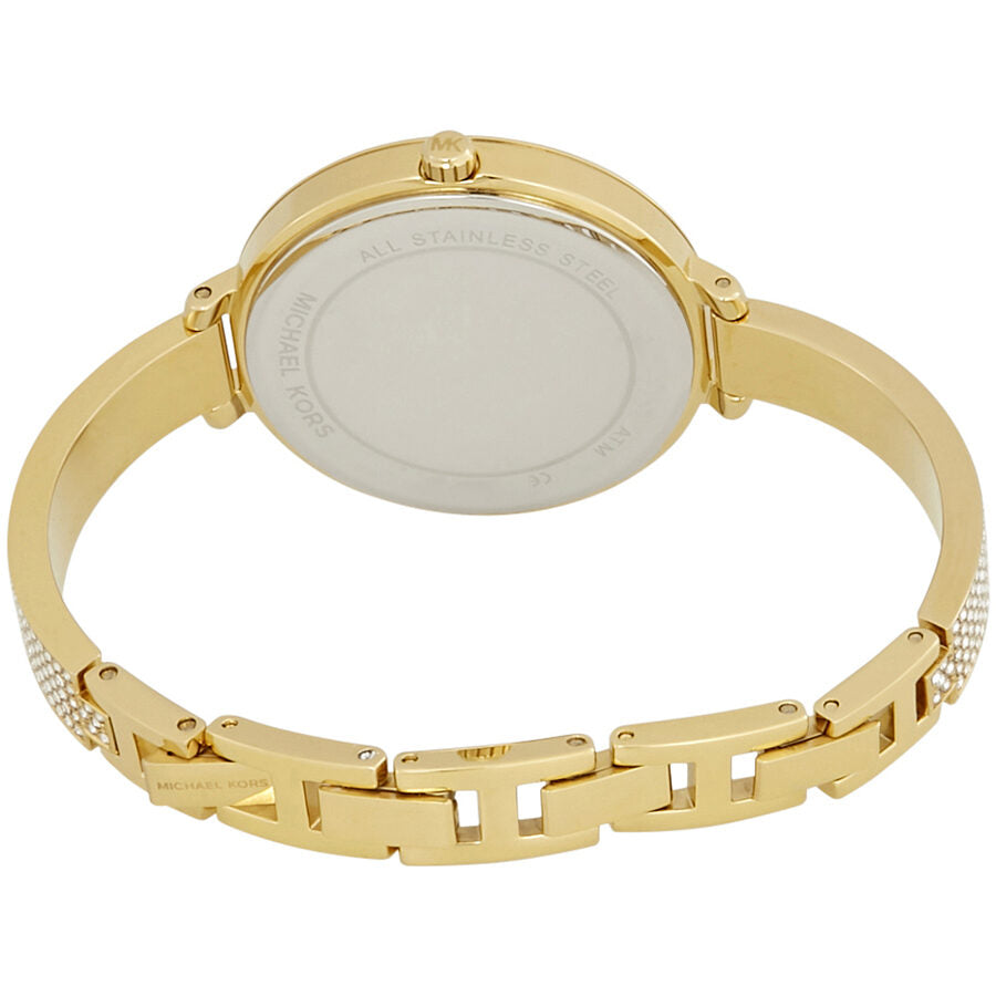 Michael Kors Jaryn watch caseback showing stainless steel half-bangle bracelet