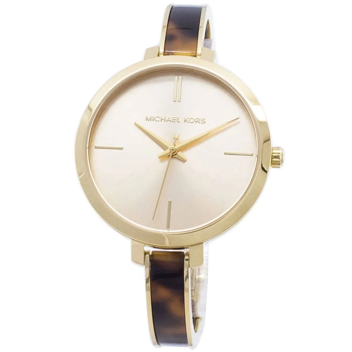 Michael Kors Jaryn watch angled view with gold case and tortoiseshell strap