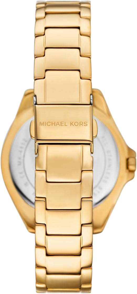 Michael Kors Kacie watch caseback showing gold steel case and Michael Kors branding