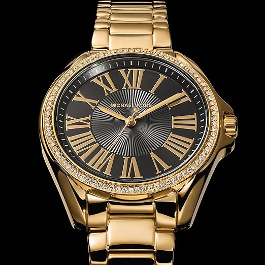 Michael Kors Kacie black dial with gold Roman numerals, crystal-set bezel, and gold bracelet