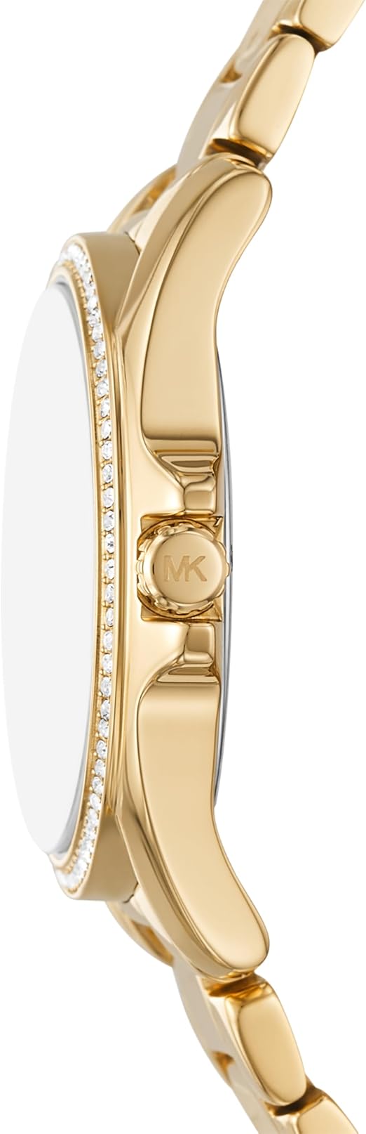 Michael Kors Kacie watch side profile showing gold steel case and bezel with crystals