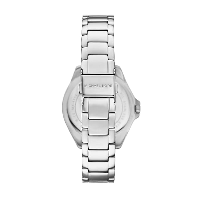 Back of Michael Kors Kacie watch showing case back and stainless steel bracelet