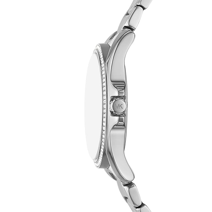 Side profile of Michael Kors Kacie watch showing crystal-bezel case and stainless steel strap