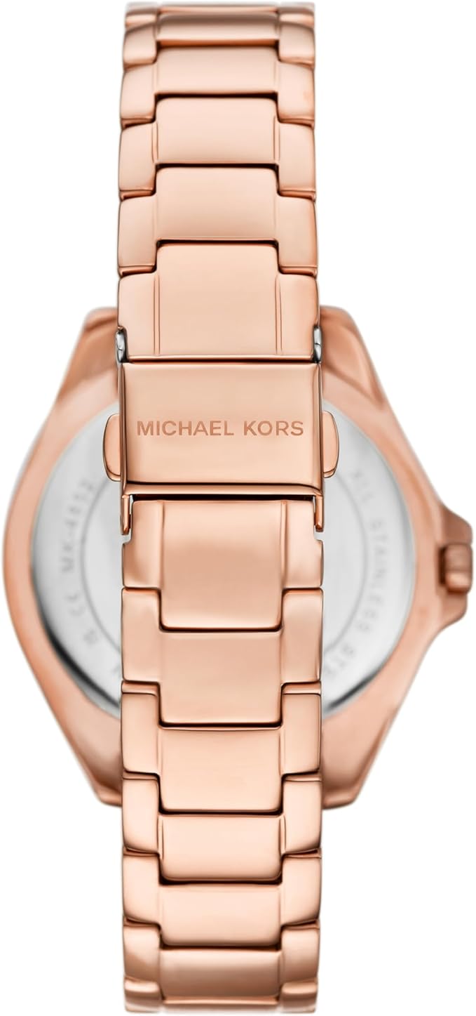 Back view of Michael Kors Kaycie rose gold-tone watch showing caseback and bracelet attachment