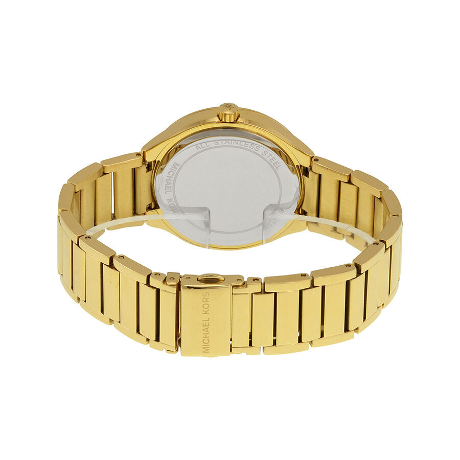 Back view of Michael Kors Kerry watch showing gold-tone stainless steel caseback and bracelet