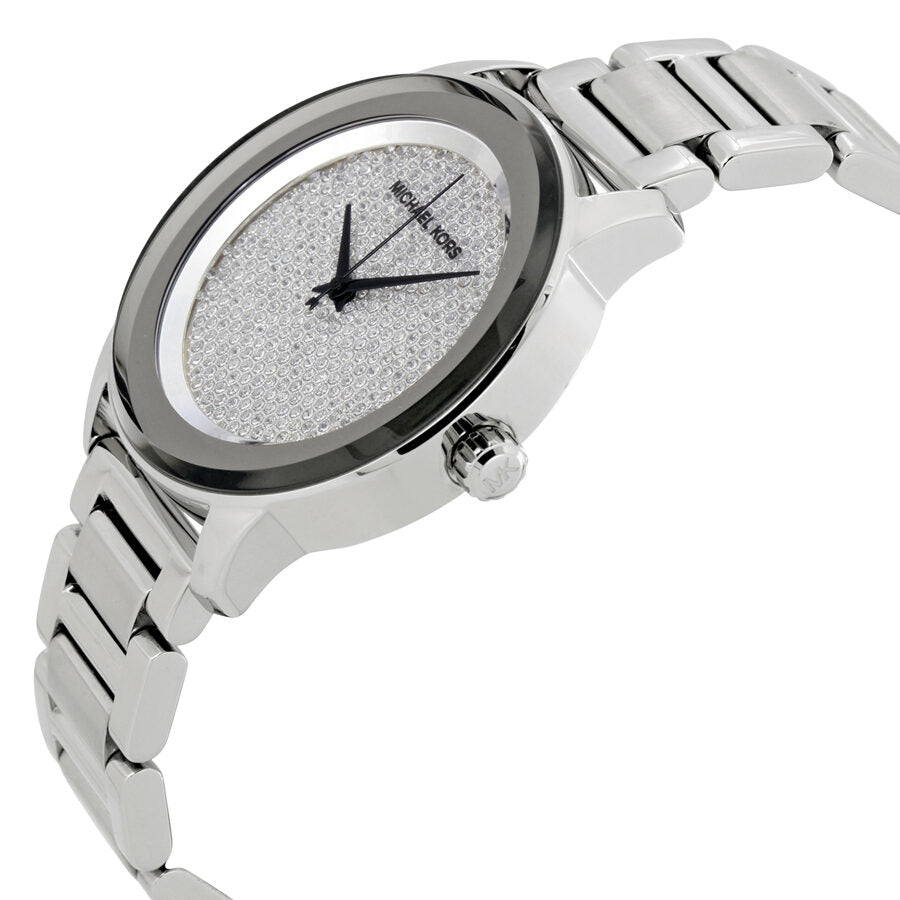 Michael Kors Kinley MK5996 side angle view showing stainless steel bracelet and dial