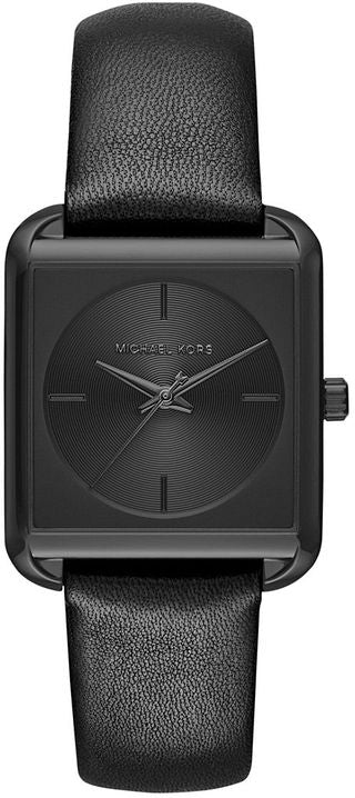 Michael Kors Lake black dial ladies watch with black leather strap, square case with minimalist design