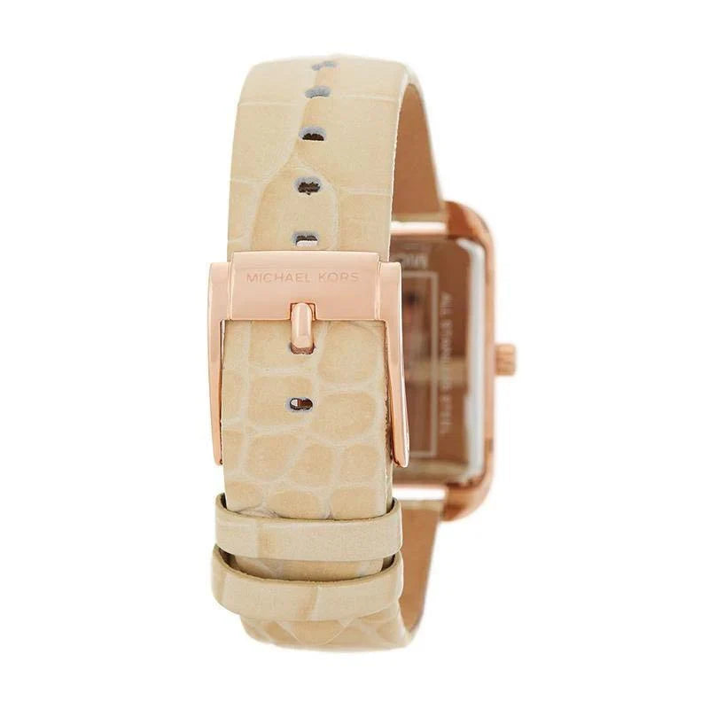 Side view of Michael Kors Lake watch showing cream crocodile-embossed leather band and rose gold case