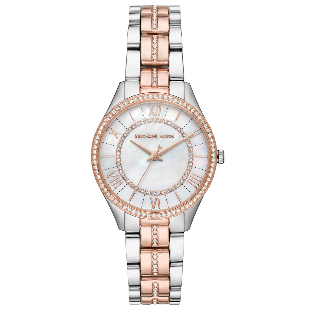 Michael Kors Lauryn ladies watch with white mother-of-pearl dial and rose gold two-tone bracelet