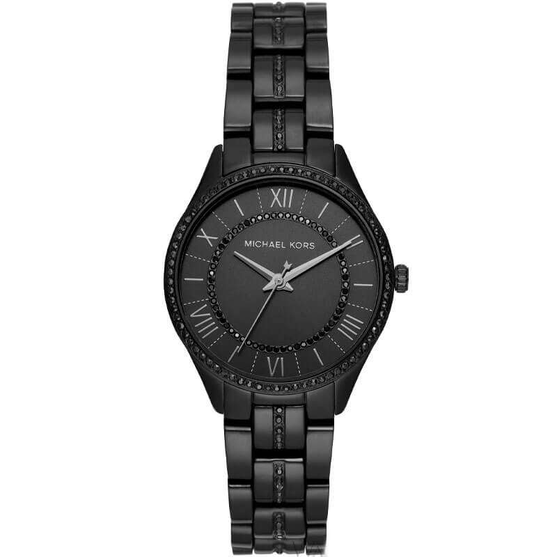 Michael Kors Lauryn black dial watch with black steel bracelet and crystal bezel
